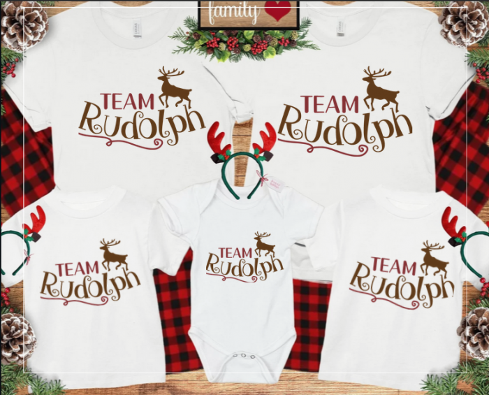 Set de tricouri personalizate Family mama, tata si copii cu tematica de Craciun, Rudolf Team