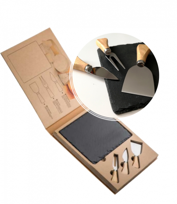 Set pentru cascaval, impachetat in cutie din carton robust, cu placa de ardezie si cutite din inox [2]