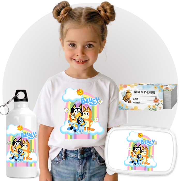 Set Promo Back to School  Bluey Tricou + Cutie + Bidon Personalizat pentru copilul tău [2]
