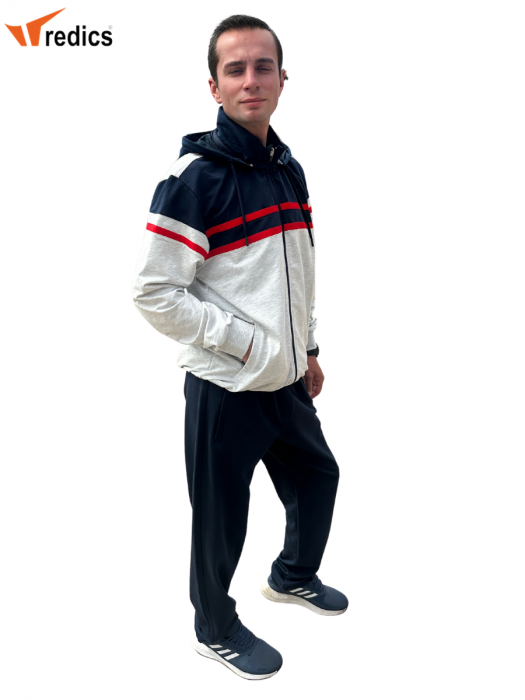 Trening REDICS pentru barbati din bumbac, 2 piese,  Tracksuit 210002, gri deschis- bleomarin si rosu cu gluga [2]