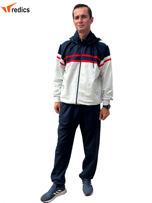 Trening REDICS pentru barbati din bumbac, 2 piese,  Tracksuit 210002, gri deschis- bleomarin si rosu cu gluga [1]
