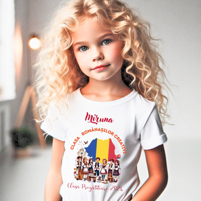 Tricou alb  Clasa Romanasilor creativi Back to school prima zi de gradinita  din bumbac ABS11330 [3]