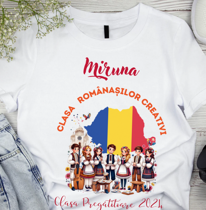 Tricou alb  Clasa Romanasilor creativi Back to school prima zi de gradinita  din bumbac ABS11330 [2]