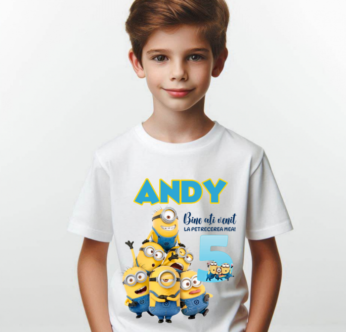 Tricou Aniversare Personalizat cu Minion – Cadou Haios pentru Copii și Părinți | Model Tematic cu Vârsta și Nume [2]