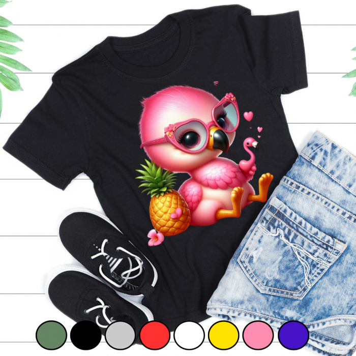 Tricou pentru copii sau adulti din bumbac model Flamingo personalizat cu nume  sau poza preferata TC5033 [2]