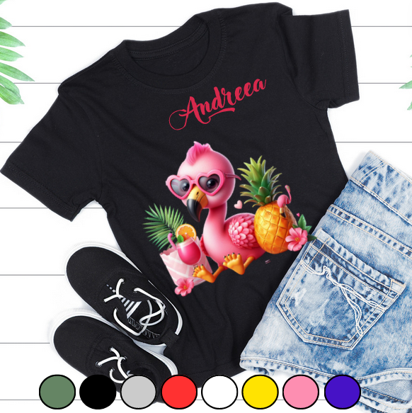 Tricou pentru copii sau adulti din bumbac model Flamingo personalizat cu nume  sau poza preferata TC5035 [2]