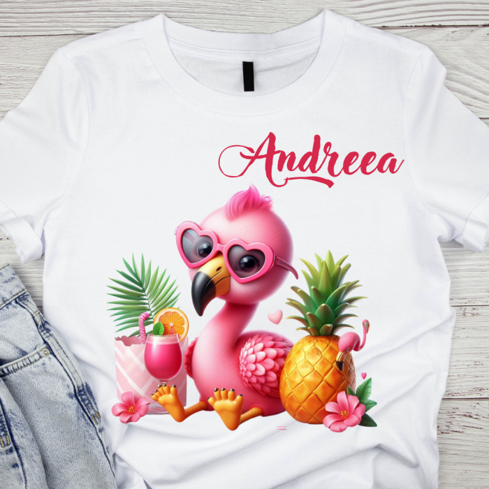 Tricou pentru copii sau adulti din bumbac model Flamingo personalizat cu nume  sau poza preferata TC5035 [1]