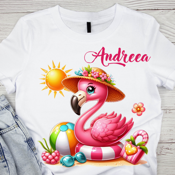 Tricou pentru copii sau adulti din bumbac model Flamingo personalizat cu nume  sau poza preferata TC5036 [1]