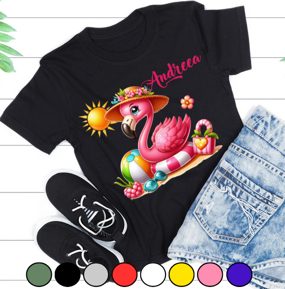 Tricou pentru copii sau adulti din bumbac model Flamingo personalizat cu nume  sau poza preferata TC5036 [2]