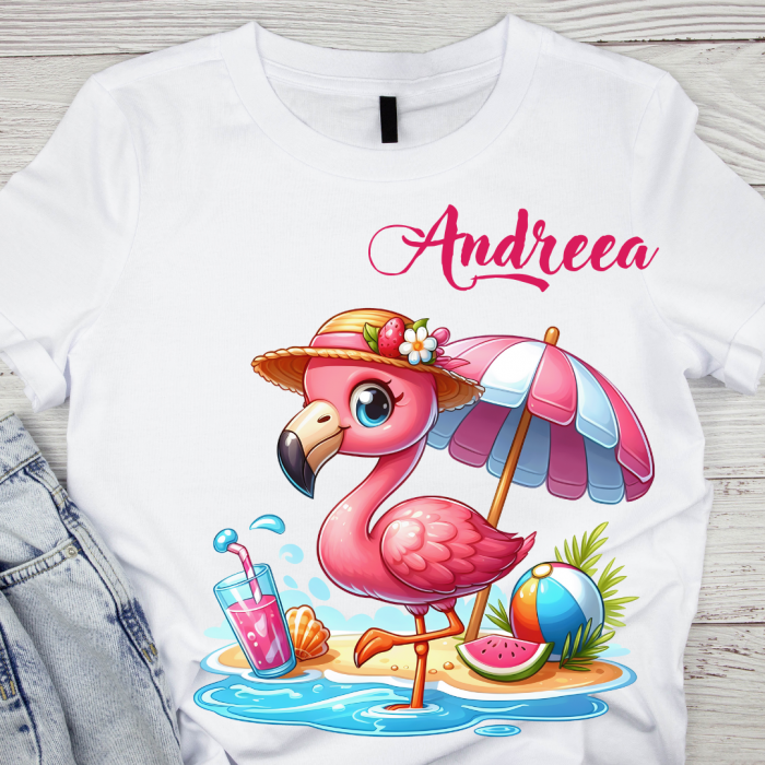 Tricou pentru copii sau adulti din bumbac model Flamingo personalizat cu nume  sau poza preferata TC5037 [1]