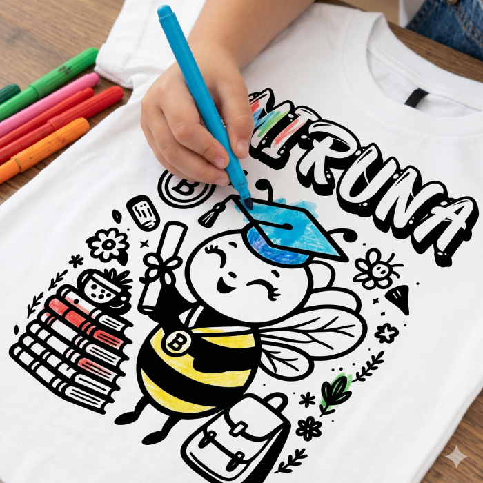 Tricouri de Colorat Clasa Albinutelor – Personalizate Alb-Negru pentru Copii  sau Educatoare  Activitate Creativa Final de An [2]