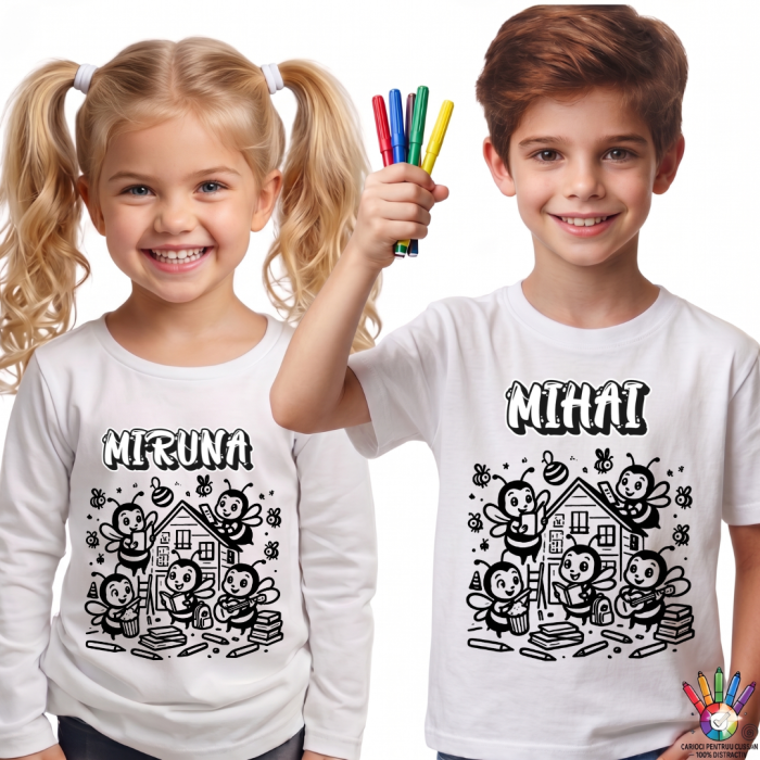 Tricouri de Colorat Clasa Albinutelor – Personalizate Alb-Negru pentru Copii  sau Educatoare  Activitate Creativa Final de An [3]