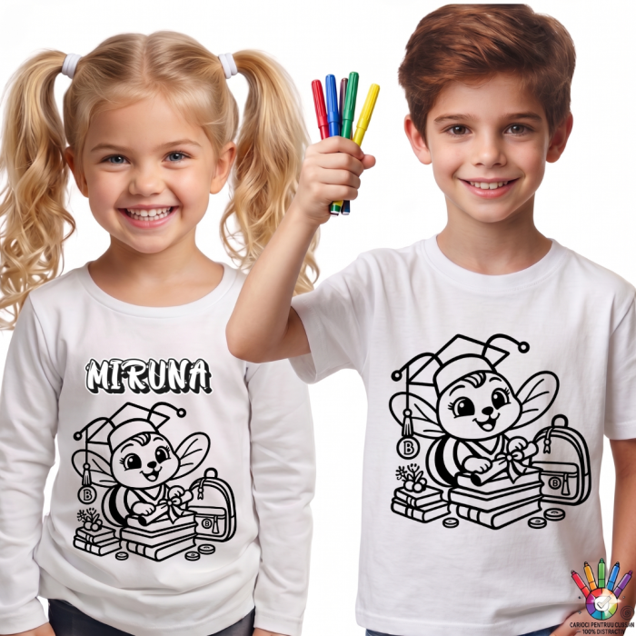 Tricouri de Colorat Clasa Albinutelor – Personalizate Alb-Negru pentru Copii  sau Educatoare  Activitate Creativa Final de An [2]