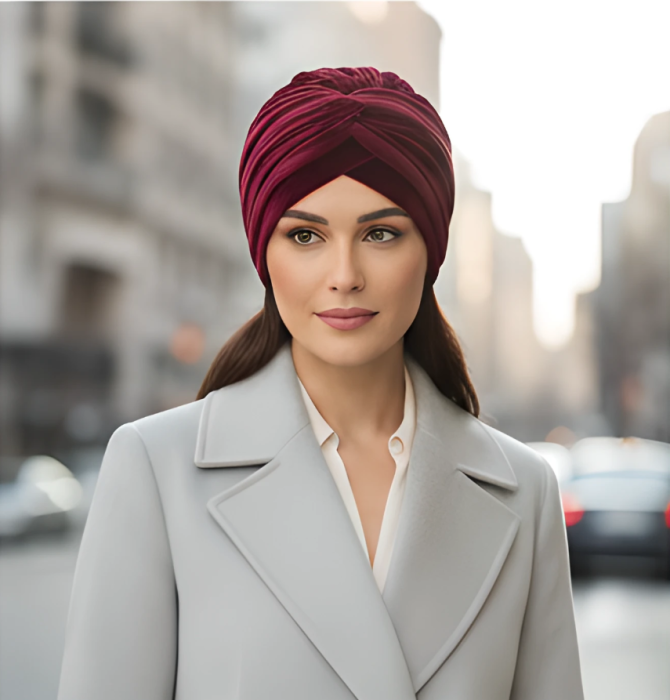Turban catifea foarte gros de dama KATY marime 58-60, captuseala polar, culoare wine [6]