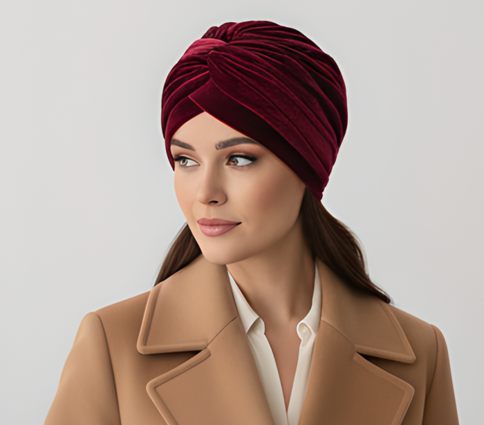 Turban catifea foarte gros de dama KATY marime 58-60, captuseala polar, culoare wine [4]