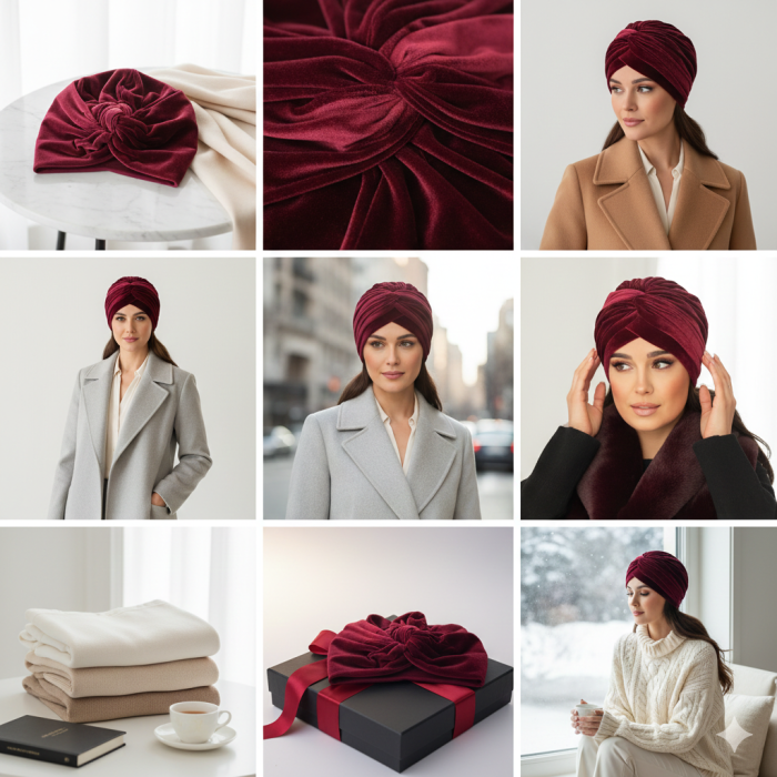 Turban catifea foarte gros de dama KATY marime 58-60, captuseala polar, culoare wine [7]