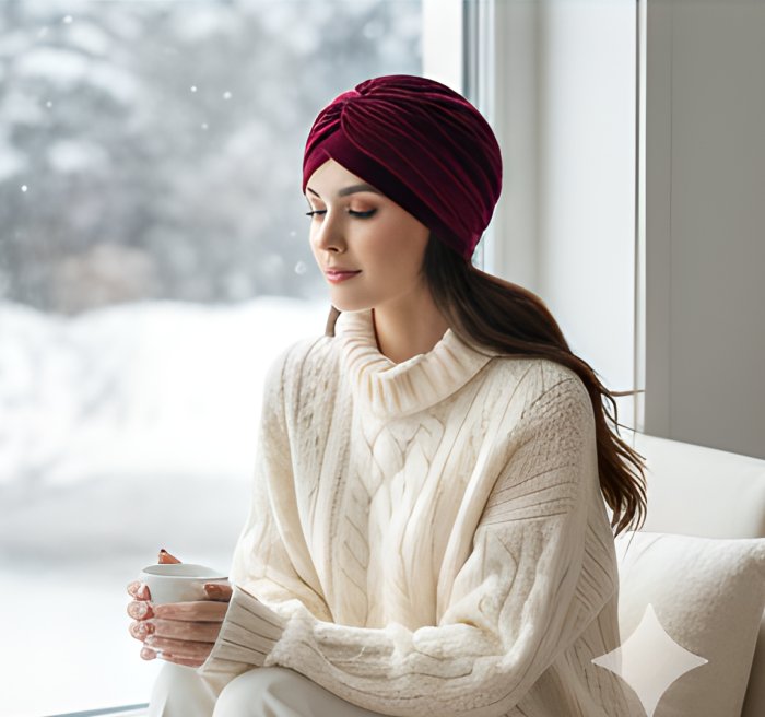 Turban catifea foarte gros de dama KATY marime 58-60, captuseala polar, culoare wine [2]