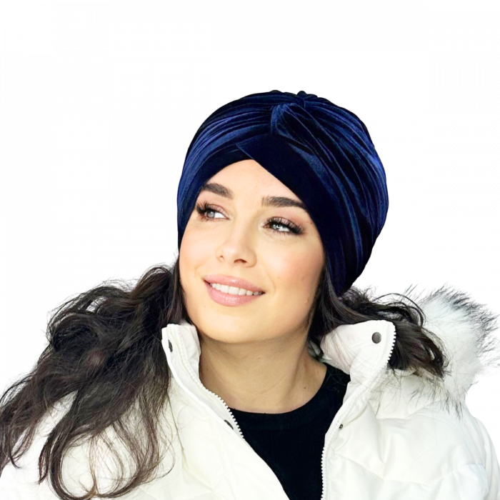 Turban catifea foarte gros de dama KATY  marime 58-60, captuseala polar, culoare bleomarin [3]