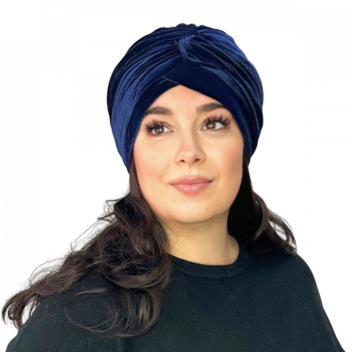 Turban catifea foarte gros de dama KATY  marime 58-60, captuseala polar, culoare bleomarin [2]