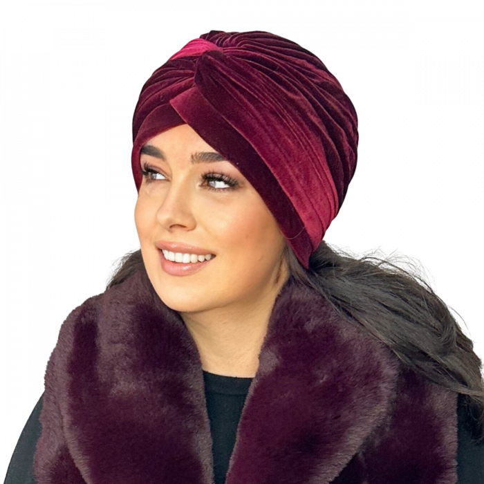 Turban catifea foarte gros de dama KATY marime 58-60, captuseala polar, culoare wine [3]