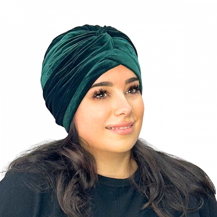 Turban catifea foarte gros de dama KATY marime 58-60, captuseala polar,  culoare verde emerald [4]