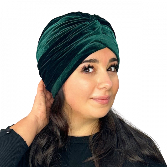 Turban catifea foarte gros de dama KATY marime 58-60, captuseala polar,  culoare verde emerald [2]
