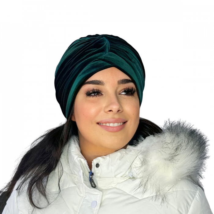 Turban catifea foarte gros de dama KATY marime 58-60, captuseala polar,  culoare verde emerald [3]