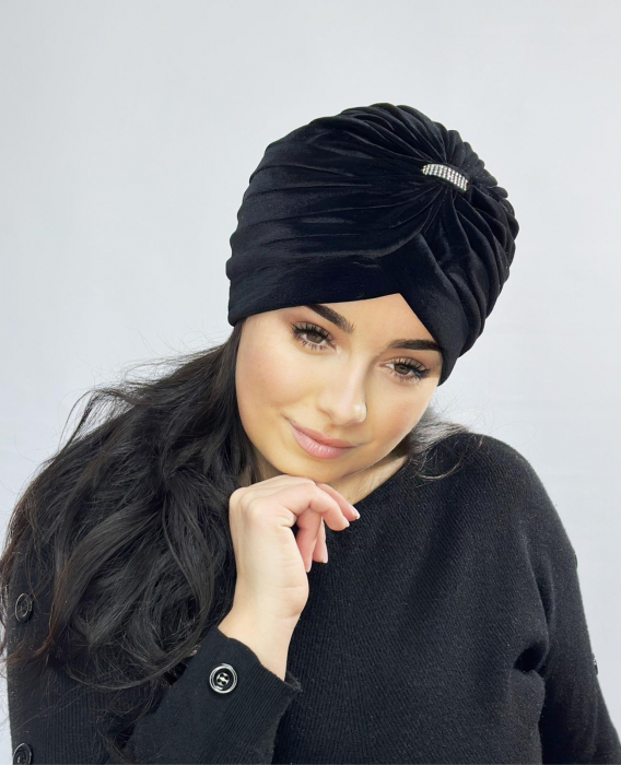 Turban elegant din catifea rafinat de dama KATY cu strasuri, marime universala, captuseala polar, culoare negru [3]