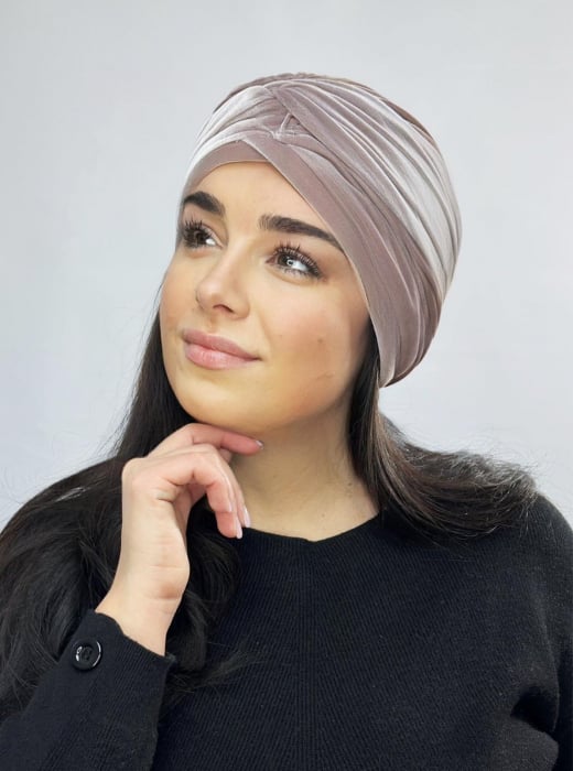 Turban elegant din catifea rafinat de dama KATY marime universala, captuseala polar, culoare  capucinno [3]