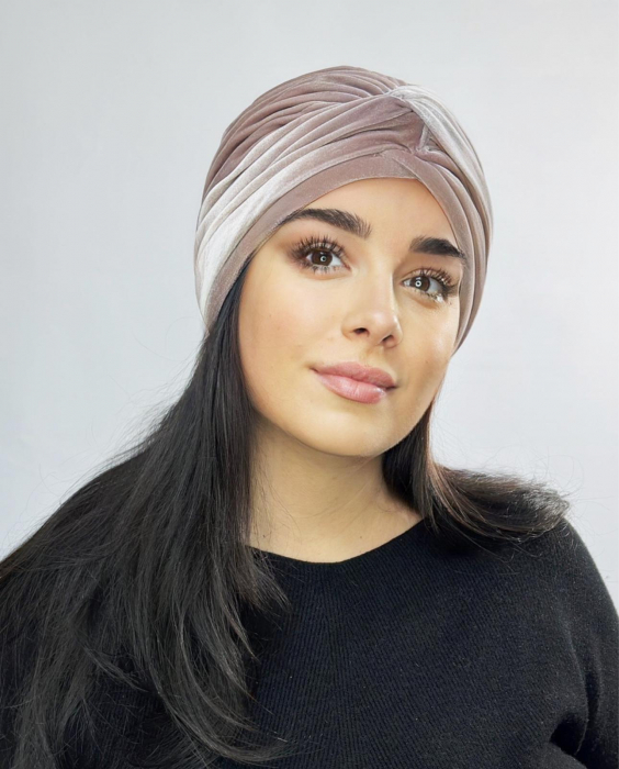 Turban elegant din catifea rafinat de dama KATY marime universala, captuseala polar, culoare  capucinno [2]