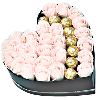 Cadouri aniversare - Aranjament cu trandafiri din sapun LOVE  si praline de ciocolata Ferrero Rocher SUM223