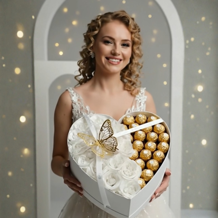 Aranjament din trandafiri albi cu sclipici și bomboane Ferrero – cadoul care impresionează din prima cu Trandafiri din sapun [4]