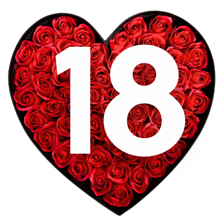 Aranjament floral 18 ani varsta aniversara cu trandafiri din sapun rosii si cifra 3D cu sclipici M3 [2]