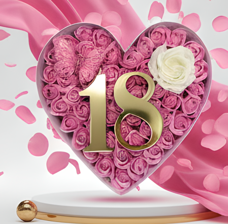 Aranjament floral 18 ani varsta aniversara cu trandafiri din sapun si cifra 3D cu sclipici, fluturas decorativ [2]