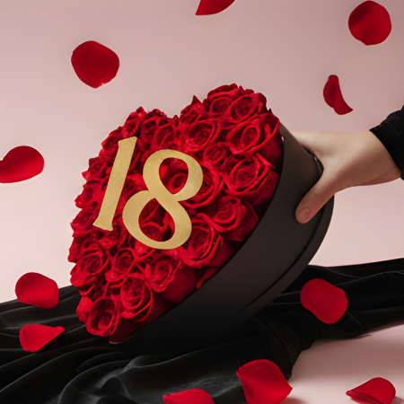 Aranjament floral 18 ani varsta aniversara cu trandafiri din sapun rosii si cifra 3D cu sclipici [5]