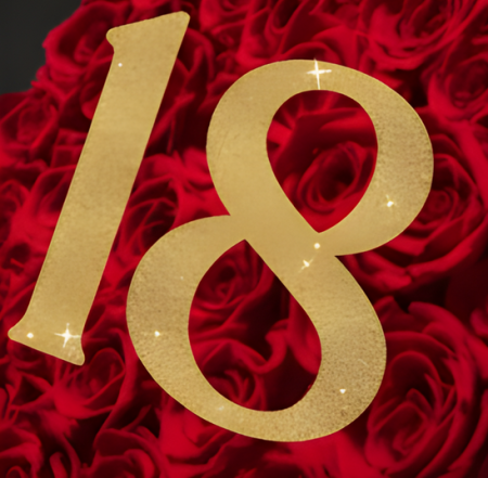 Aranjament floral 18 ani varsta aniversara cu trandafiri din sapun rosii si cifra 3D cu sclipici [9]