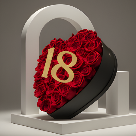 Aranjament floral 18 ani varsta aniversara cu trandafiri din sapun rosii si cifra 3D cu sclipici [8]
