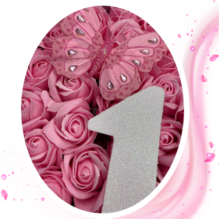 Aranjament floral 18 ani varsta aniversara cu trandafiri din sapun si cifra 3D cu sclipici, fluturas decorativ [2]