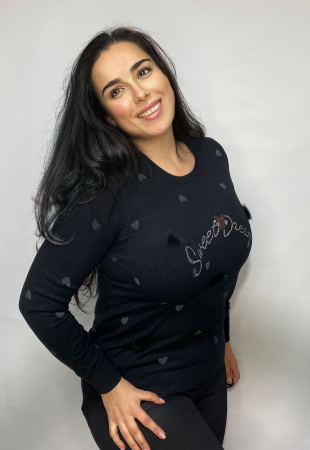 Bluza AMALIA neagra de damă, pufoasa, cu insertii de inimioare si puf [0]