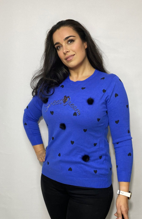 Bluza AMALIA albastra de damă, pufoasa, cu insertii de inimioare si puf [0]
