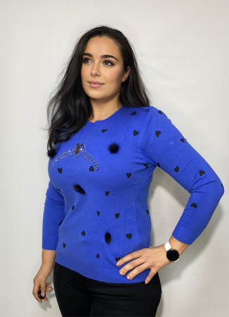 Bluza AMALIA albastra de damă, pufoasa, cu insertii de inimioare si puf [1]