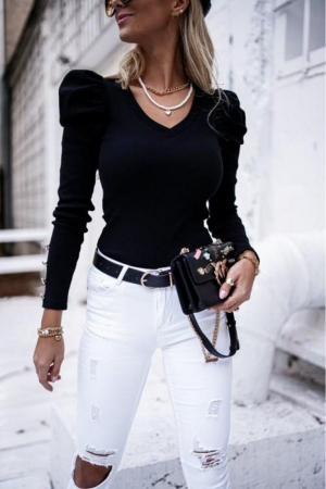 Bluza casual de dama din bumbac tetra neagra, accesorizata cu nasturi si anchior, 9307N [1]