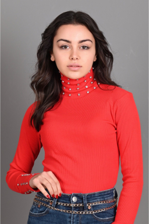 Bluza casual de dama din bumbac tetra rosie, accesorizata cu perle, 9373 [1]