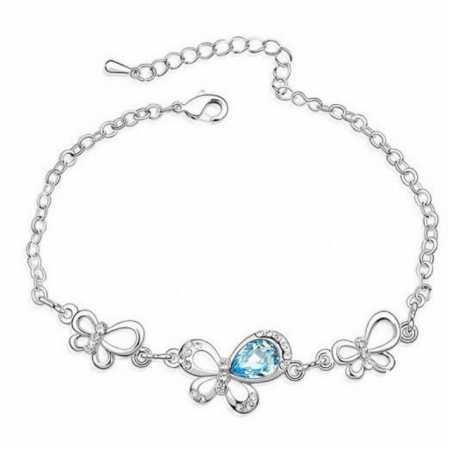 Bratari cu cristale - Bratara Butterffly bleo-aquamarine cu cristale, placata cu aur 18K