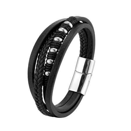 Fashion - Bratara neagra, Thia Jewelry S.Steel, pentru barbati, din piele, NH-B003-23