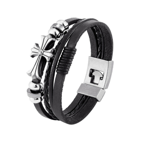 Fashion - Bratara neagra, Thia Jewelry S.Steel, pentru barbati, din piele, NH-B007-23