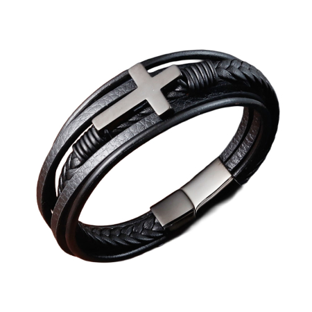 Fashion - Bratara neagra, Thia Jewelry S.Steel, pentru barbati, din piele, NH-B060-23