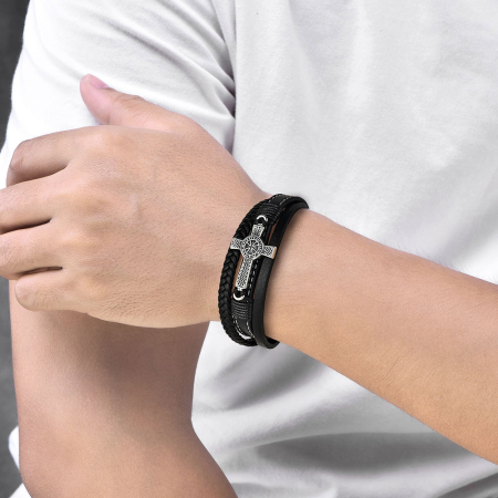 Bratara neagra, Thia Jewelry S.Steel, pentru barbati, din piele, NH-B069-M-23 [1]