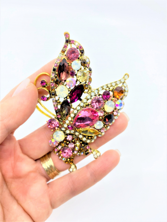 Brosa Fluture auriu cu cristale roz, 7x6 cm, BR1100.05 [1]