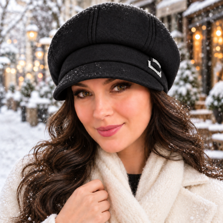 Căciulă damă tip șapcă Sonia din angora, cu cozoroc și căptușeală din polar – negru marime 58-60